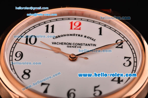 Vacheron Constantin Historiques Chronometre Royal 1907 Swiss ETA 2836 Automatic Rose Gold Case and Brown Leather Strap with White Dial Numeral Markers - Click Image to Close